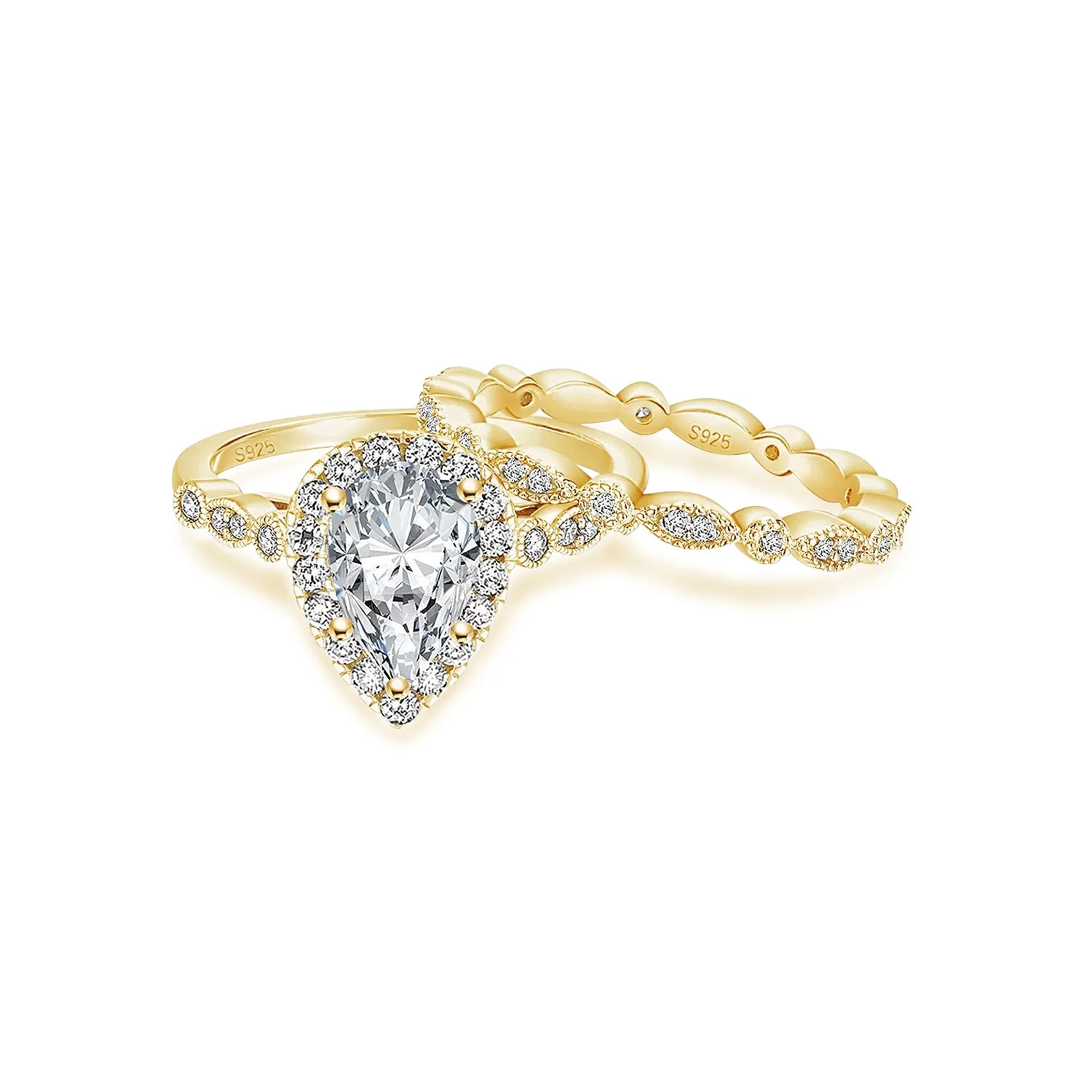 1.5 Carat 925 Sterling Silver Wedding Teardrop Bridal Ring Set