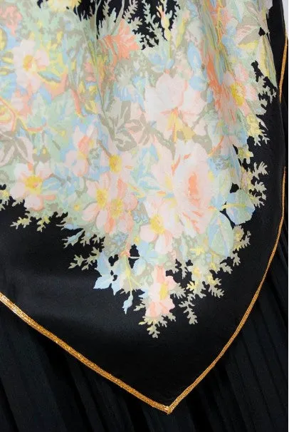1976 Bill Gibb Documented Floral Silk Beaded Halter Pleated Backless Dress