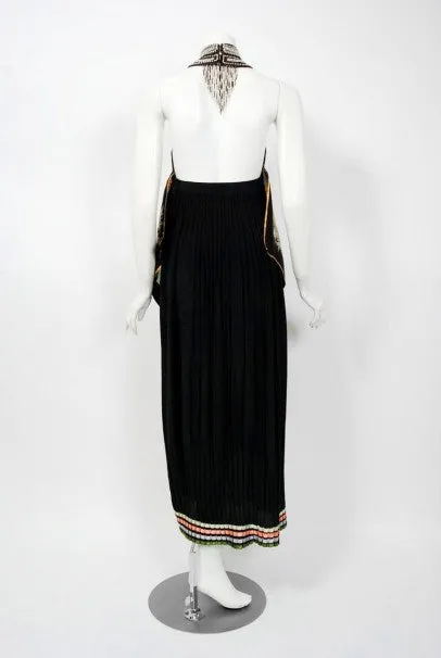 1976 Bill Gibb Documented Floral Silk Beaded Halter Pleated Backless Dress