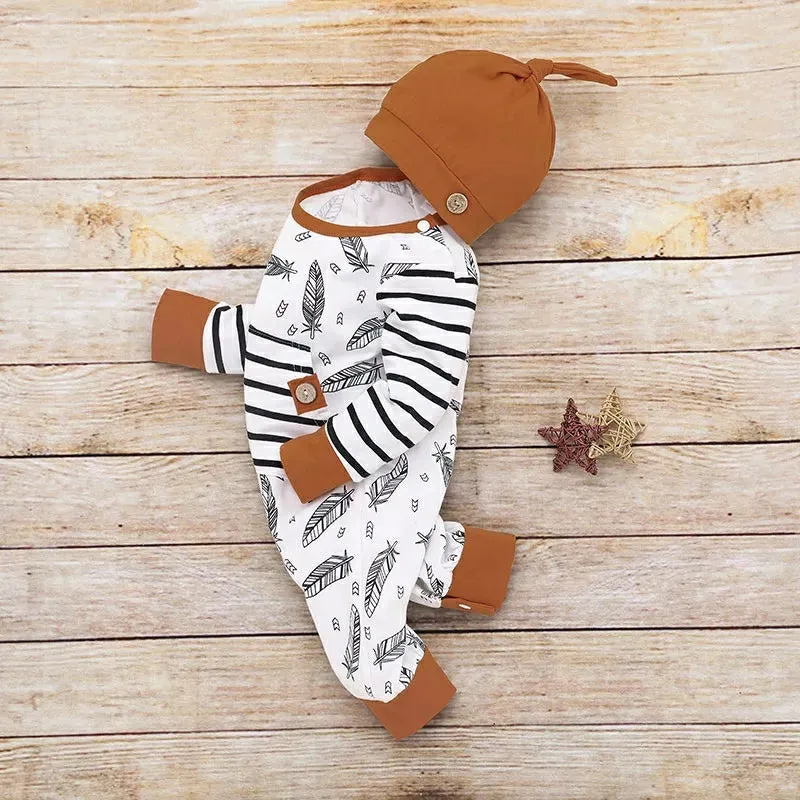 2-Piece Feather Print Hooded Bodysuit and Hat B2022