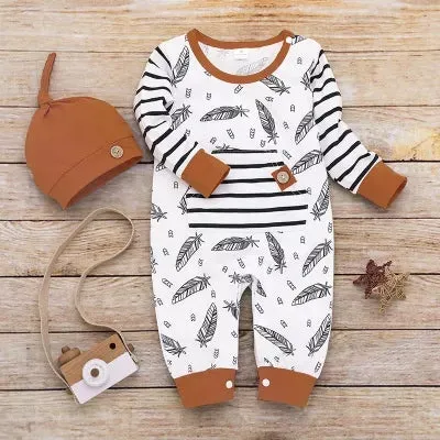 2-Piece Feather Print Hooded Bodysuit and Hat B2022