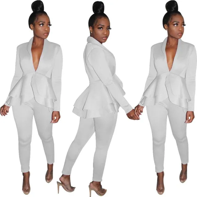 2 Piece Set Lady Women Office Tracksuit Long Sleeve Ruffles Blazers Pencil Pants Suit Female Fall Autumn Clothes
