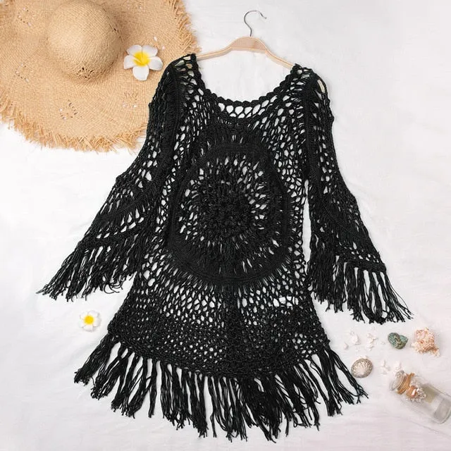 2021 Summer Sexy Beach Dress Crochet Bikini Cover Up with Fringe Trim One Size