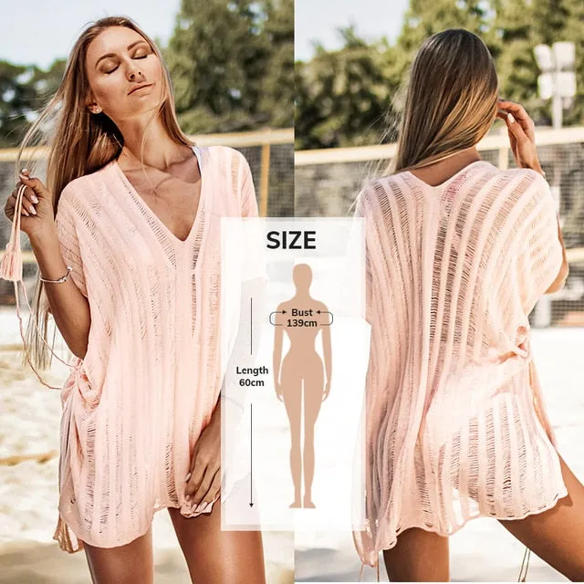 2021 Summer Sexy Beach Dress Crochet Bikini Cover Up with Fringe Trim One Size