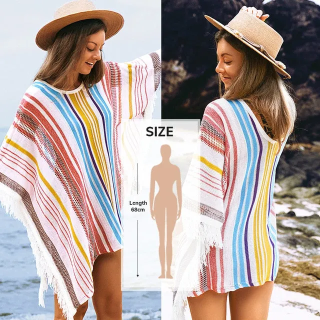 2021 Summer Sexy Beach Dress Crochet Bikini Cover Up with Fringe Trim One Size
