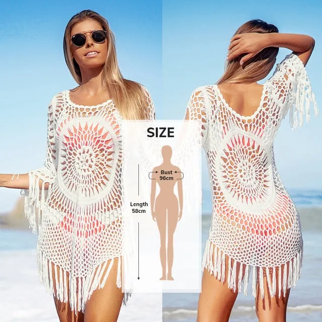 2021 Summer Sexy Beach Dress Crochet Bikini Cover Up with Fringe Trim One Size
