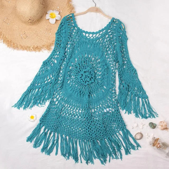 2021 Summer Sexy Beach Dress Crochet Bikini Cover Up with Fringe Trim One Size