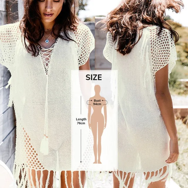 2021 Summer Sexy Beach Dress Crochet Bikini Cover Up with Fringe Trim One Size