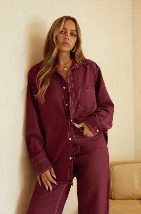 Aleza Long Sleeve Button Up Top - Burgundy