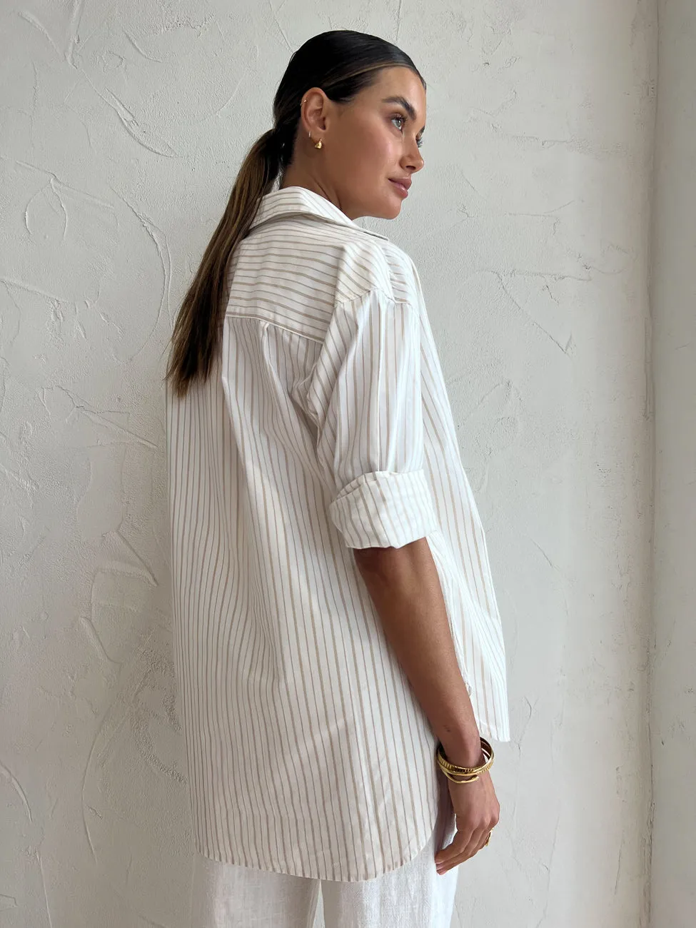 Assembly Label Everyday Poplin Shirt in Biscuit Fine Stripe