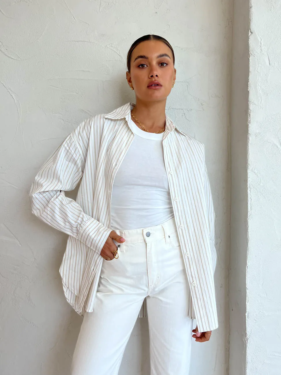 Assembly Label Everyday Poplin Shirt in Biscuit Fine Stripe
