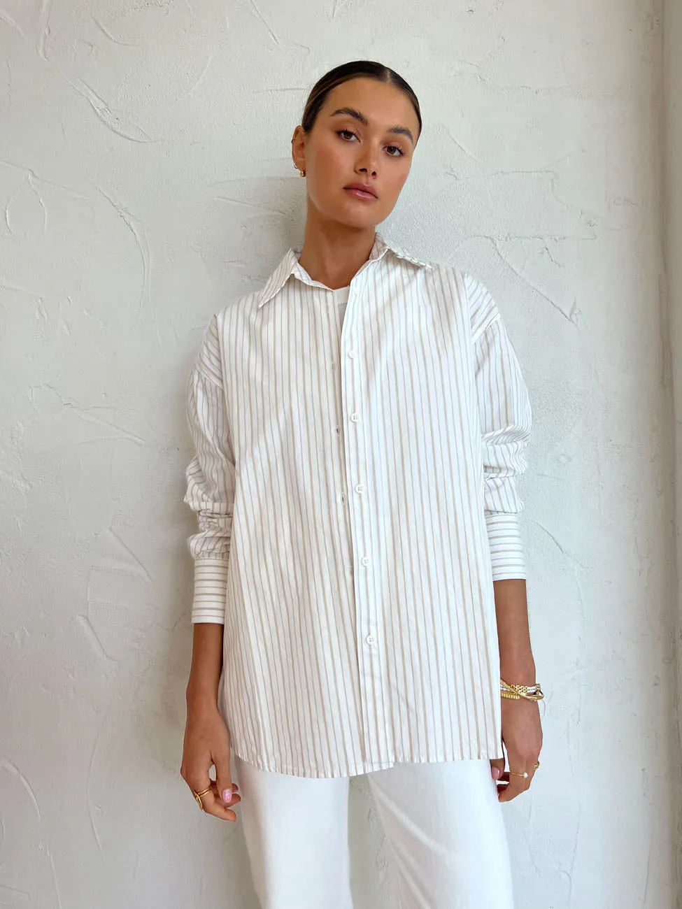 Assembly Label Everyday Poplin Shirt in Biscuit Fine Stripe