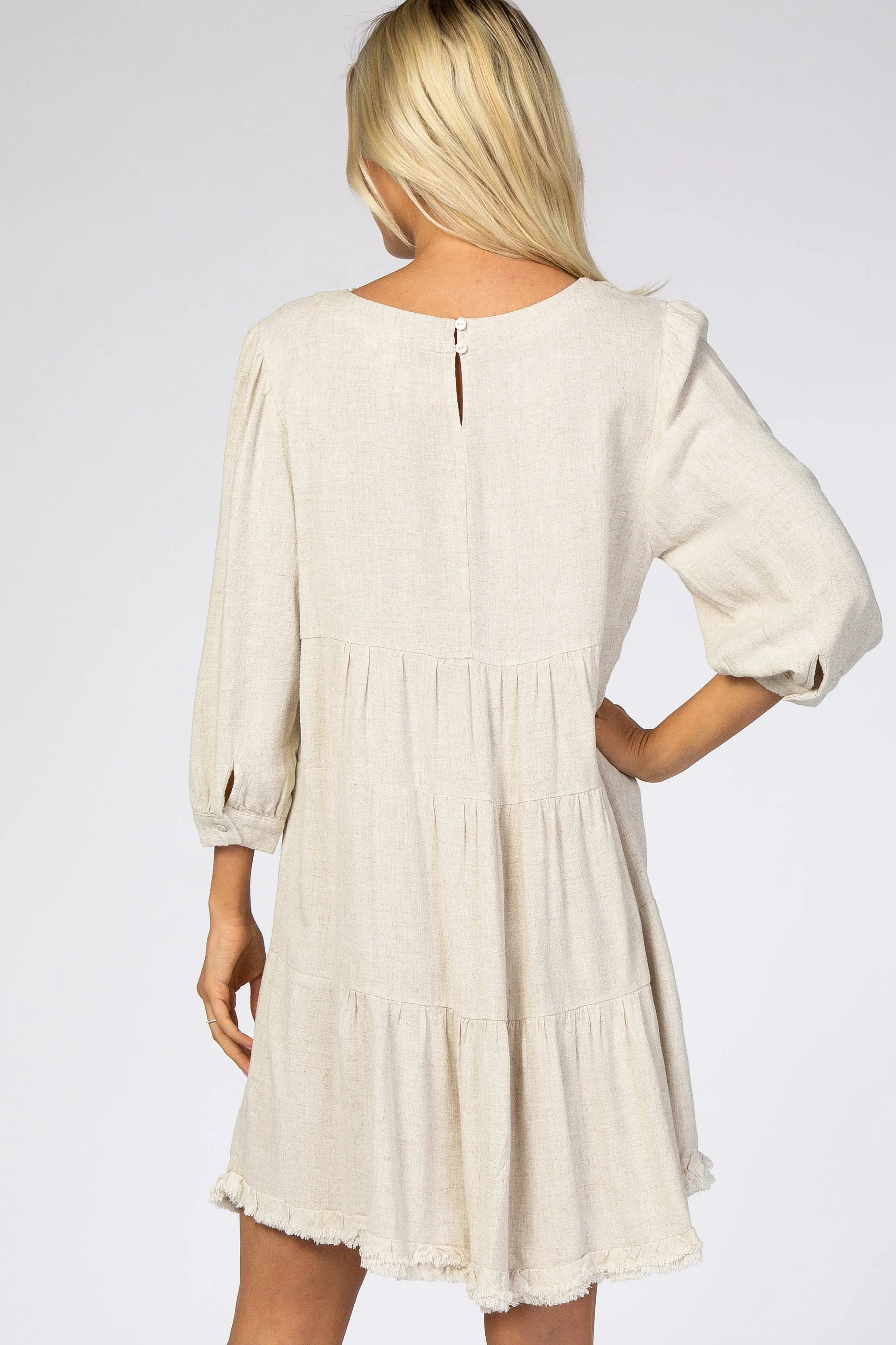 Beige 3/4 Sleeve Pleated Tier Fringe Hem Dress