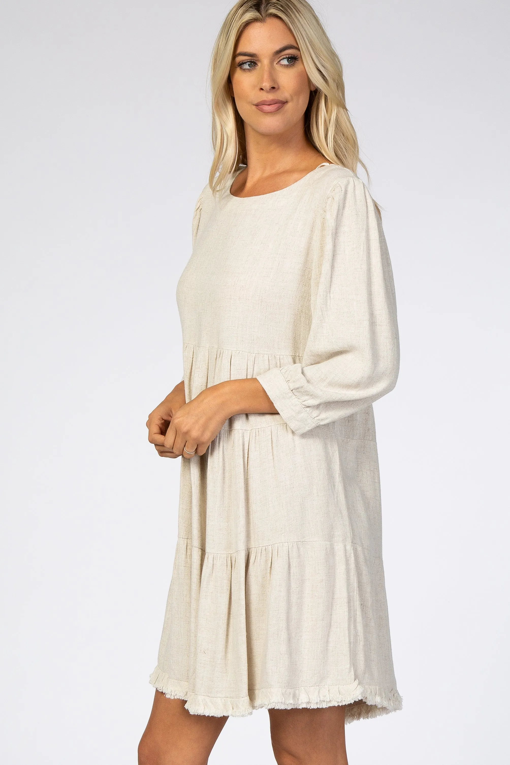 Beige 3/4 Sleeve Pleated Tier Fringe Hem Dress