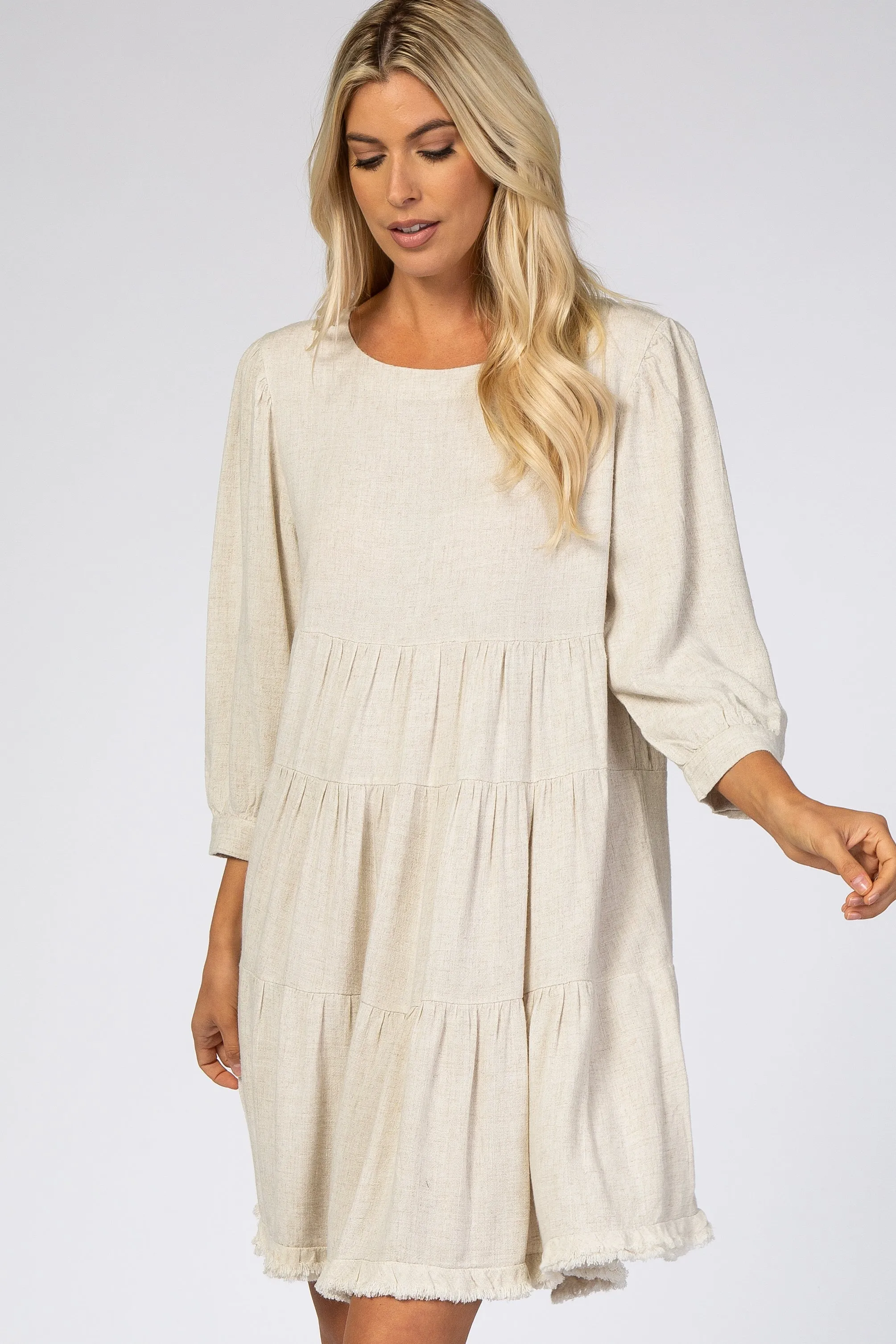 Beige 3/4 Sleeve Pleated Tier Fringe Hem Dress