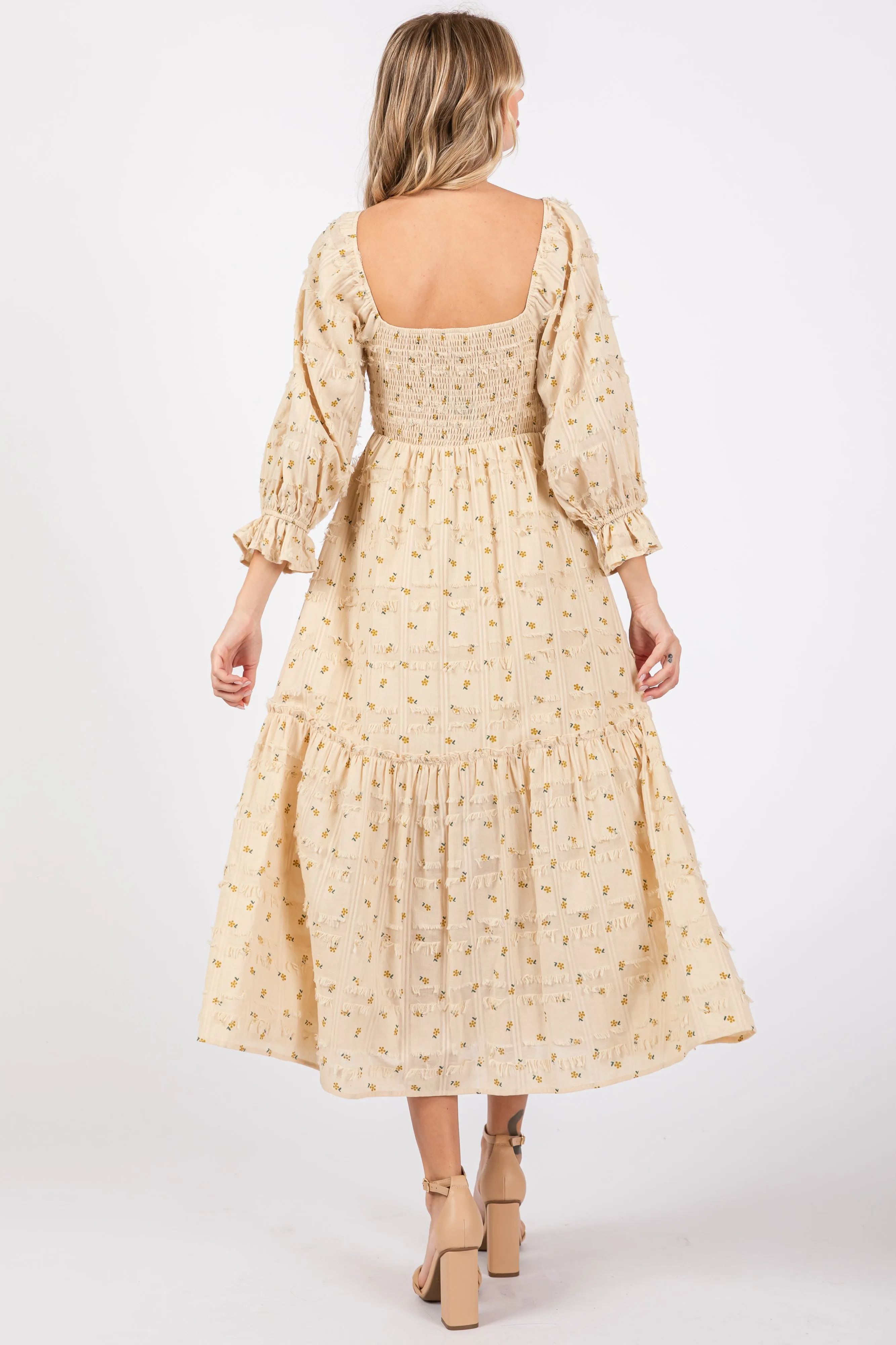 Beige Floral Square Neck Smocked Fringe Midi Dress