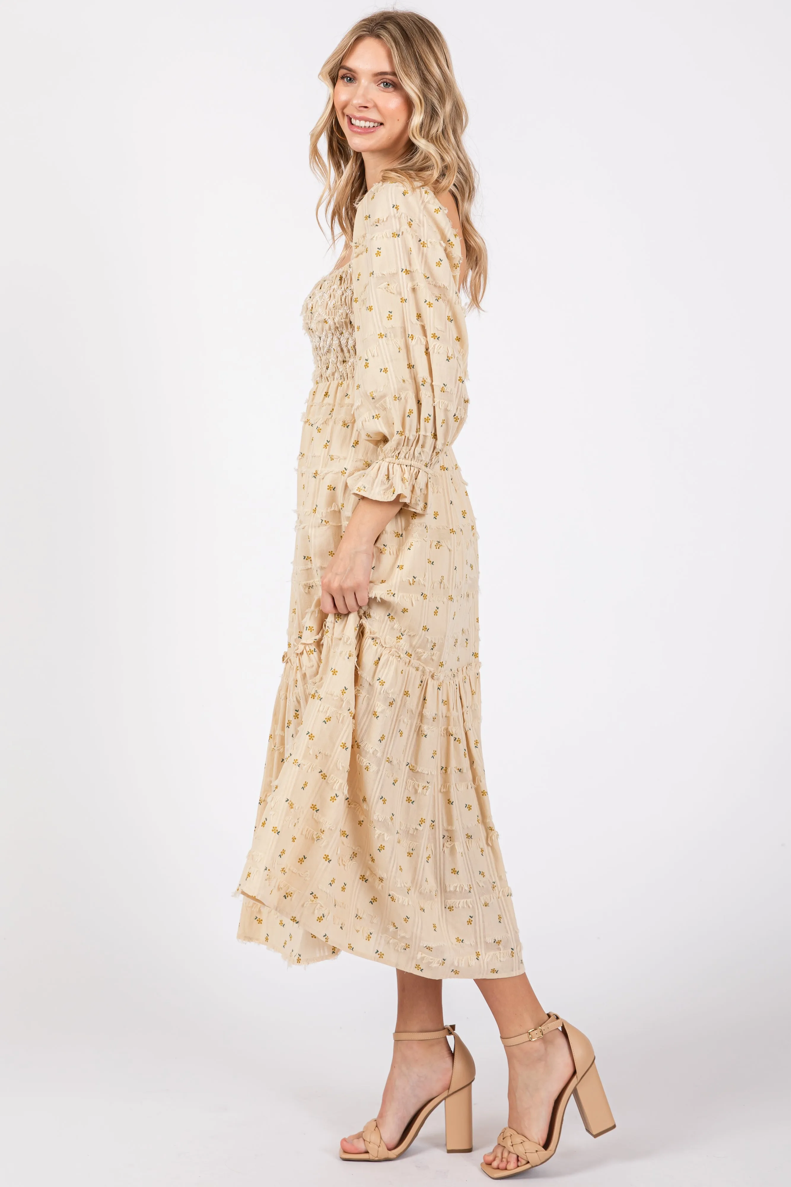 Beige Floral Square Neck Smocked Fringe Midi Dress