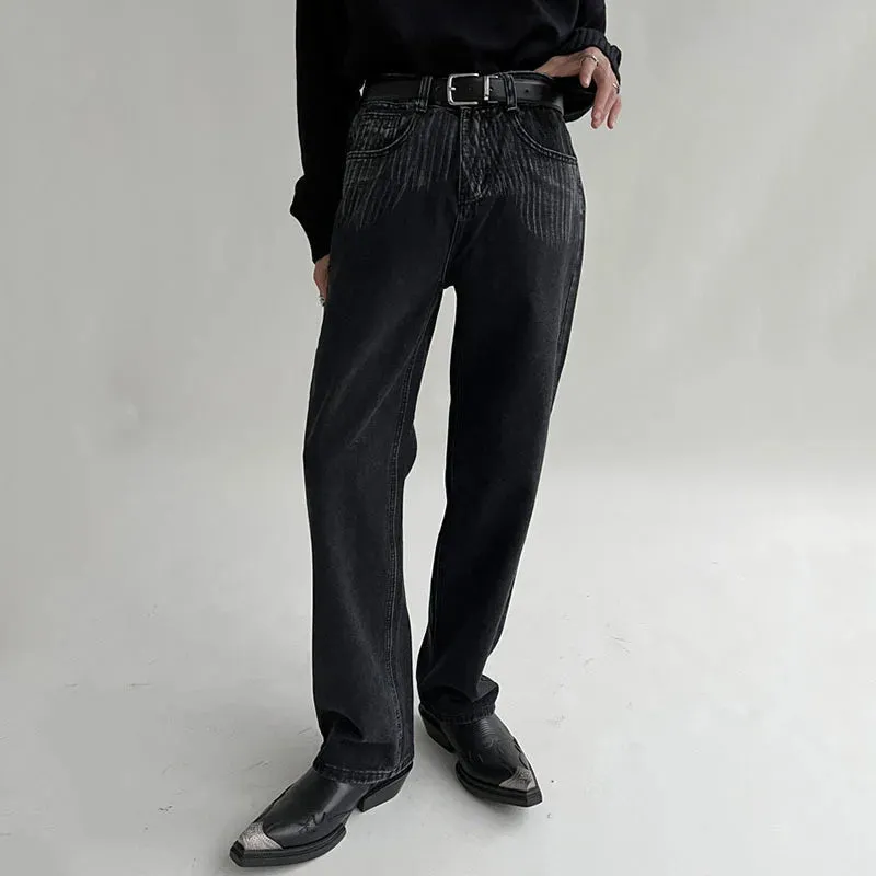 Bonsir -  Chic Fashion Men's Drape Scratches Washing Jeans New Loose Mid Waist Straight Wide Leg Long Pants Tide Spring Winter