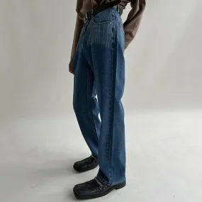 Bonsir -  Chic Fashion Men's Drape Scratches Washing Jeans New Loose Mid Waist Straight Wide Leg Long Pants Tide Spring Winter