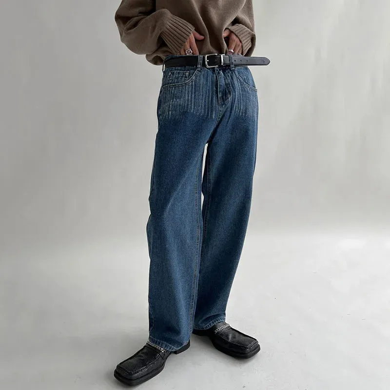 Bonsir -  Chic Fashion Men's Drape Scratches Washing Jeans New Loose Mid Waist Straight Wide Leg Long Pants Tide Spring Winter