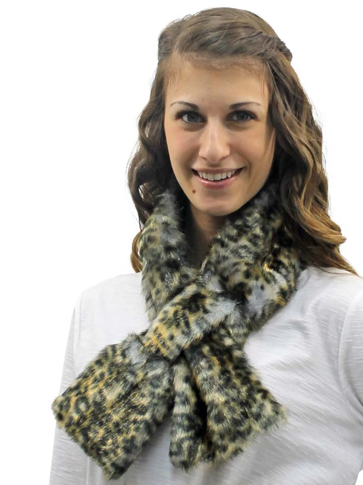 Brown Leopard Faux Fur Plush Lined Neck Warmer Scarf