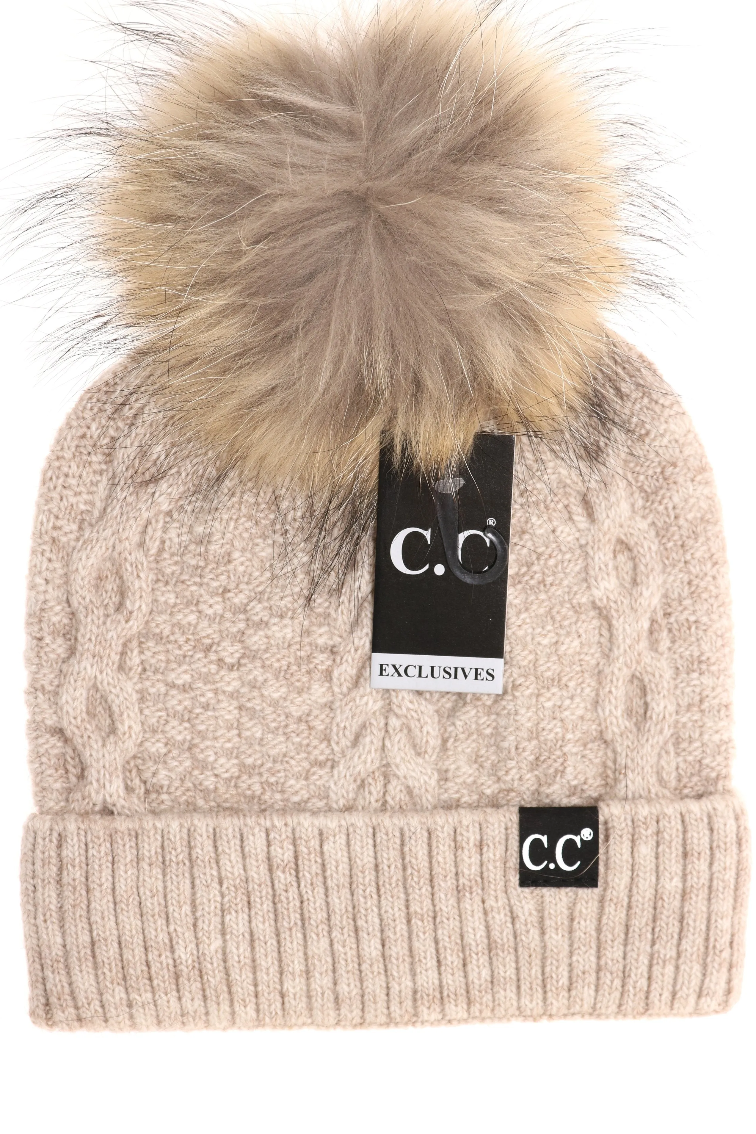 C.C Exclusive-Black Label Special Edition Ribbed Cuff Fur Pom Beanie- MULTIPLE COLORS