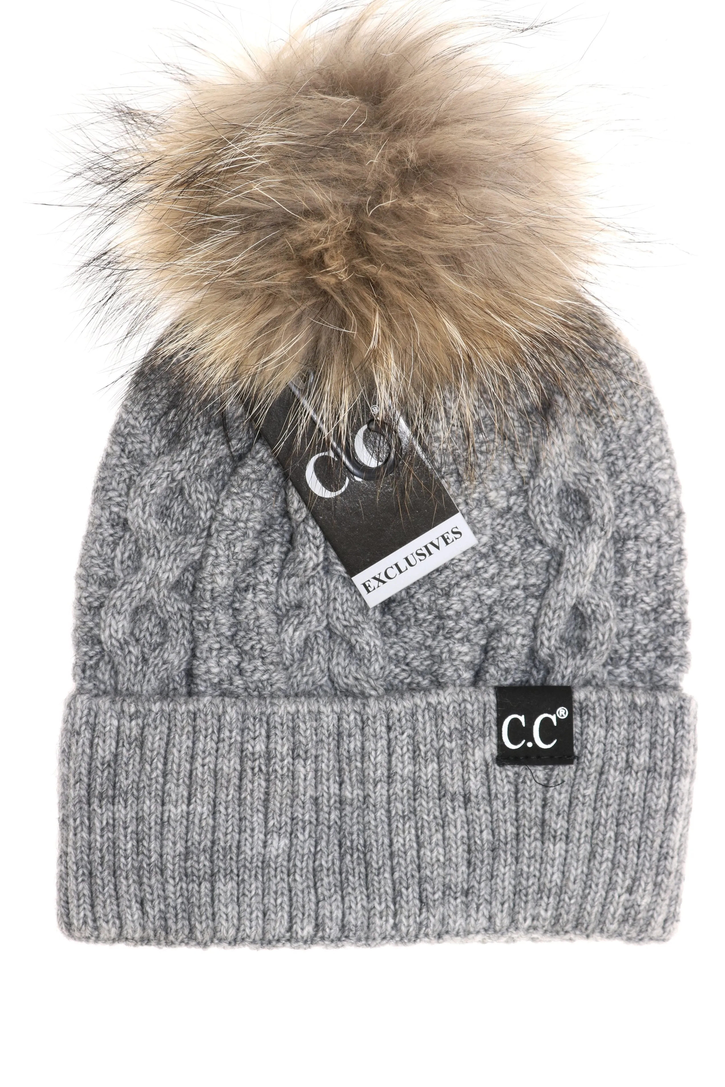 C.C Exclusive-Black Label Special Edition Ribbed Cuff Fur Pom Beanie- MULTIPLE COLORS