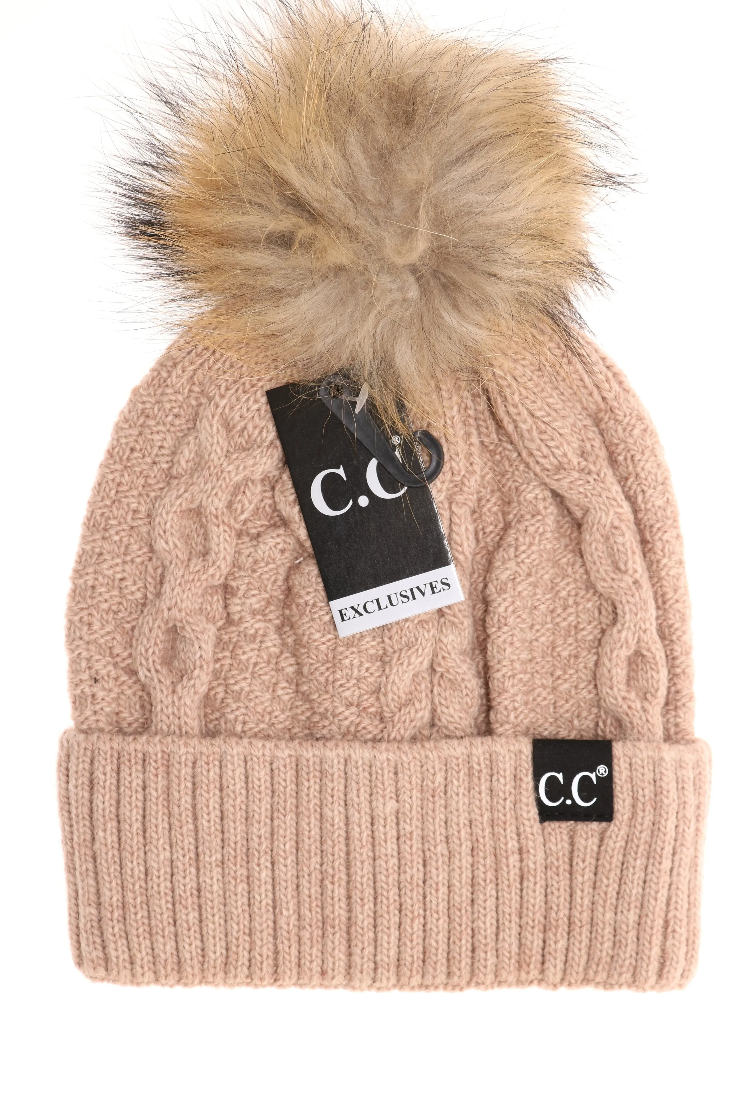 C.C Exclusive-Black Label Special Edition Ribbed Cuff Fur Pom Beanie- MULTIPLE COLORS