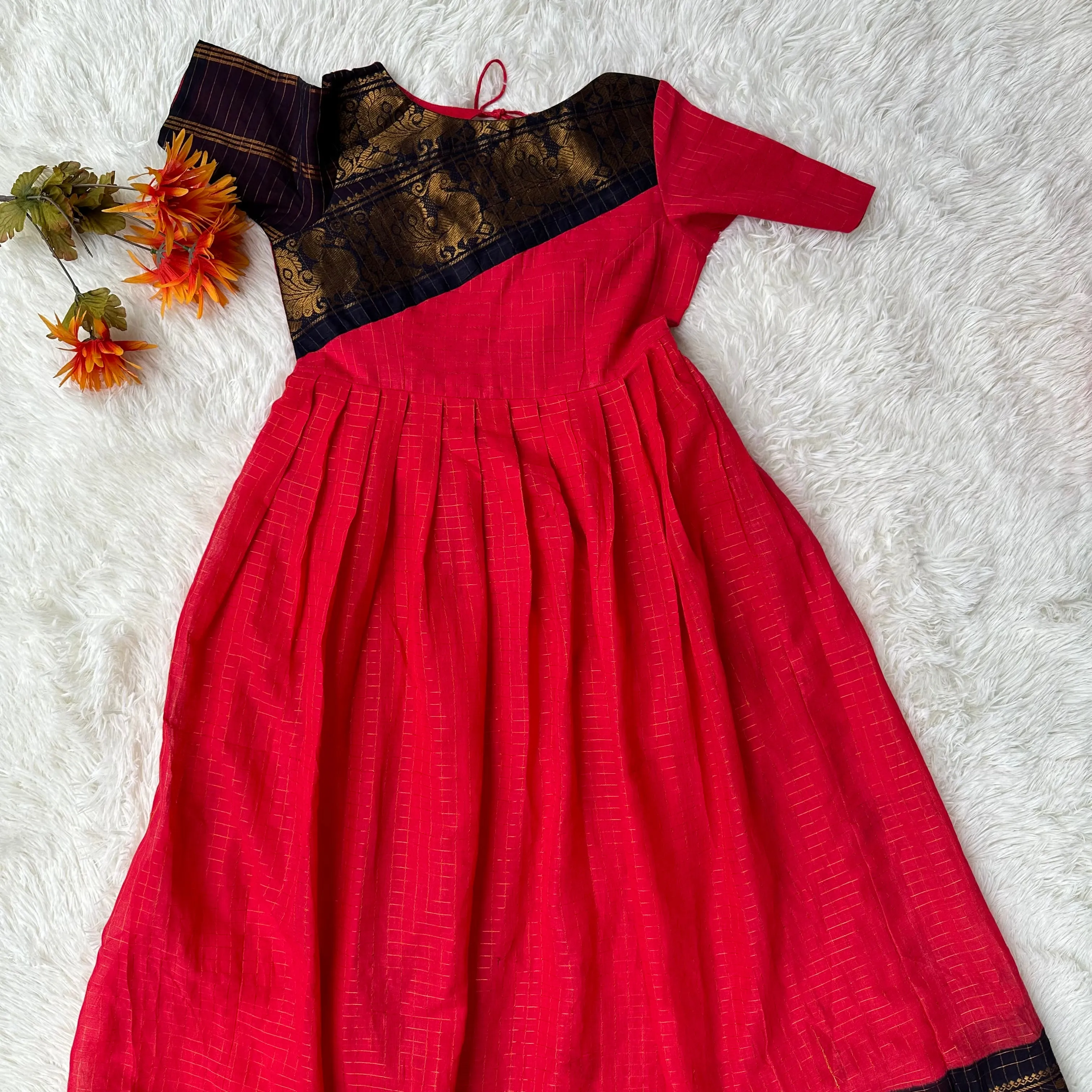 Elegance Redefined: Pink Sungudi Gown with Stylish Pot Neck