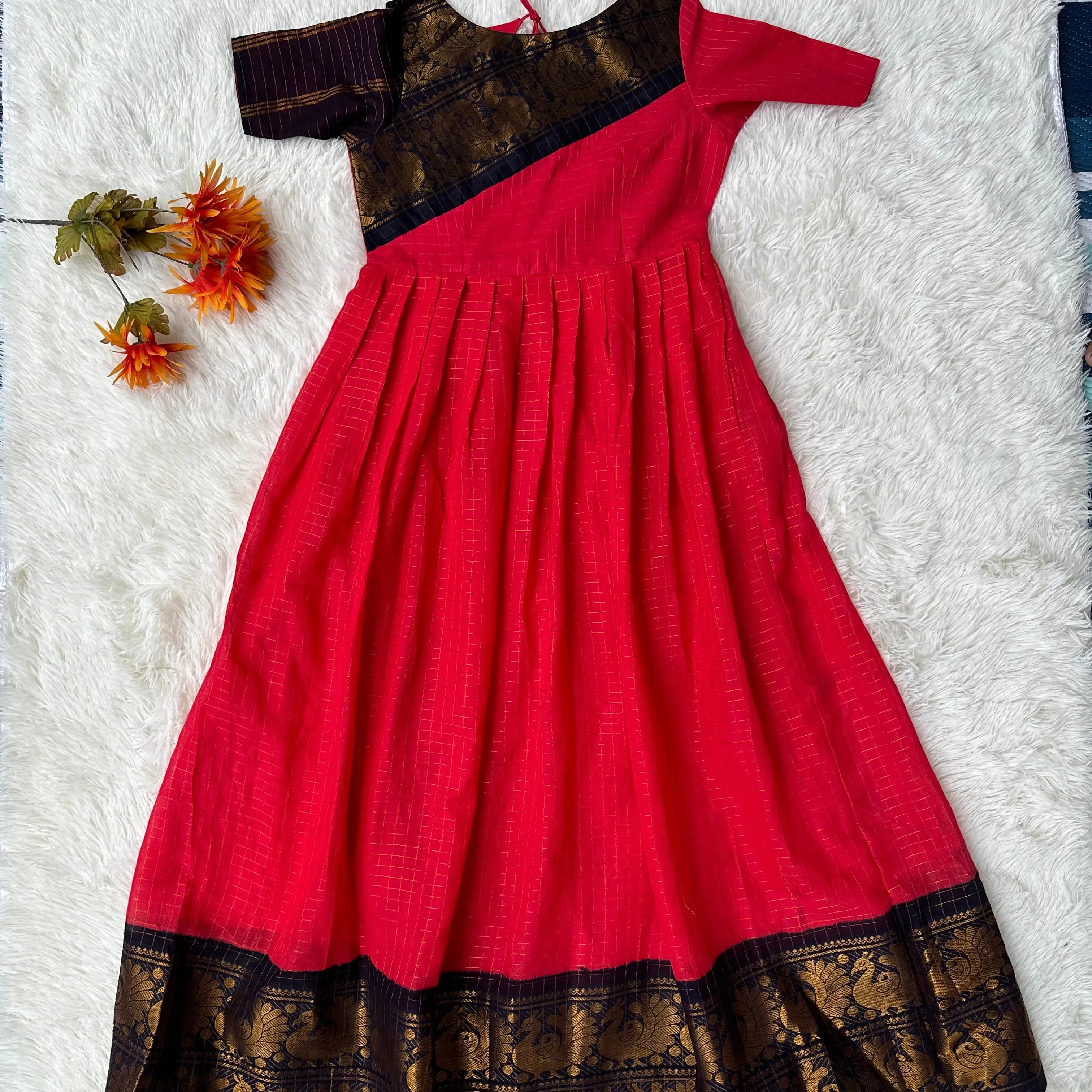 Elegance Redefined: Pink Sungudi Gown with Stylish Pot Neck