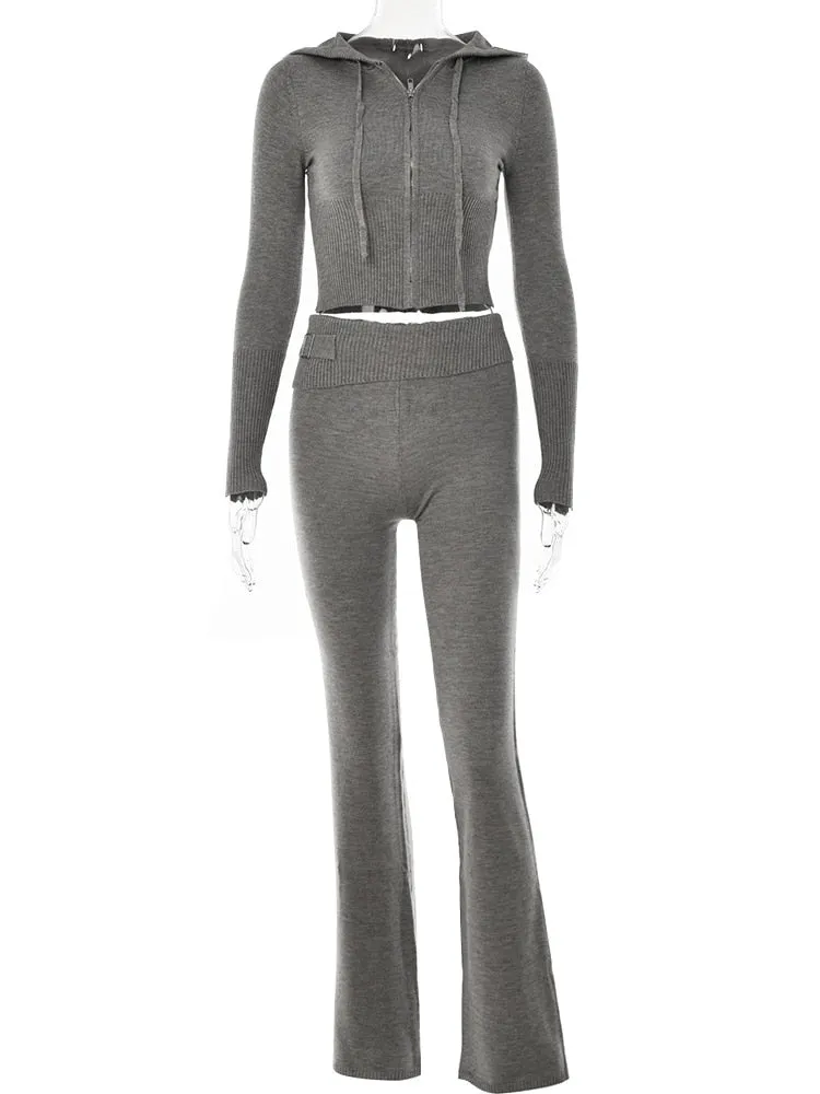 Fantoye Two Piece Sets Women Tracksuit Long Sleeve Zipper Hooded Sweater Skinny Pants Casual Knitted Sweatshirt Jumper Set