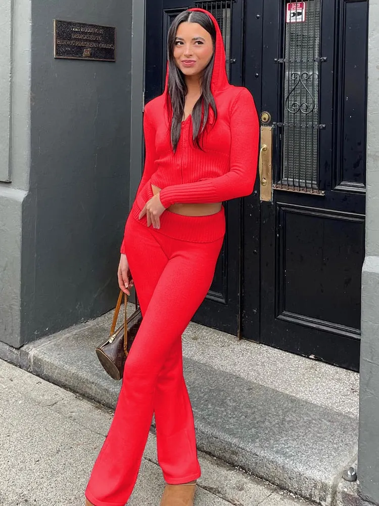 Fantoye Two Piece Sets Women Tracksuit Long Sleeve Zipper Hooded Sweater Skinny Pants Casual Knitted Sweatshirt Jumper Set