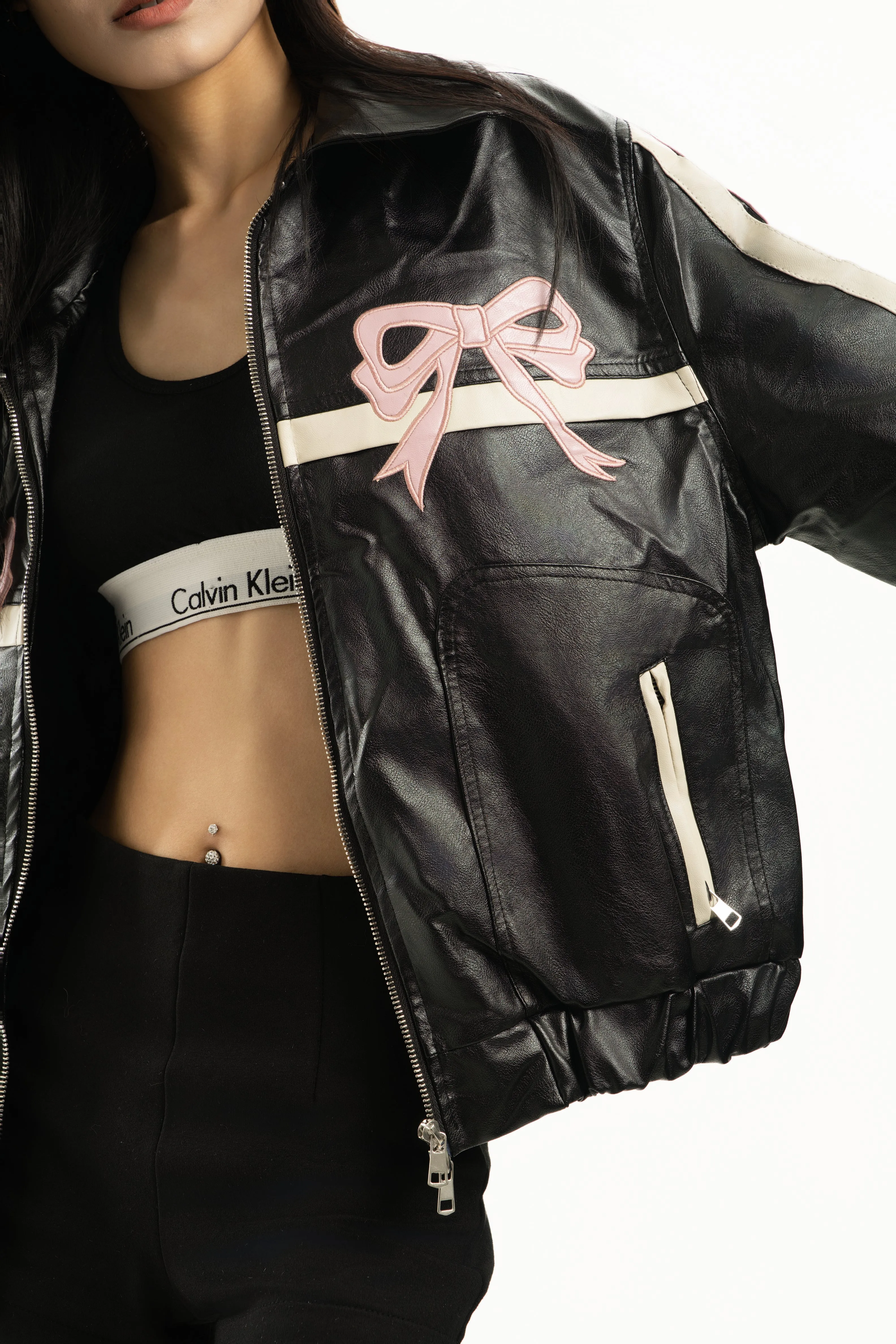 Faux Leather Jacket with Embroidered Ribbon Bow Detail