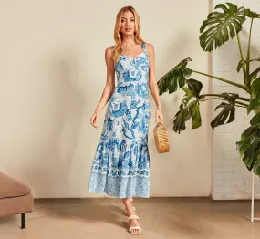 Floral Print Ankle Length Dress With Flounce Skirt In Light Blue Multi