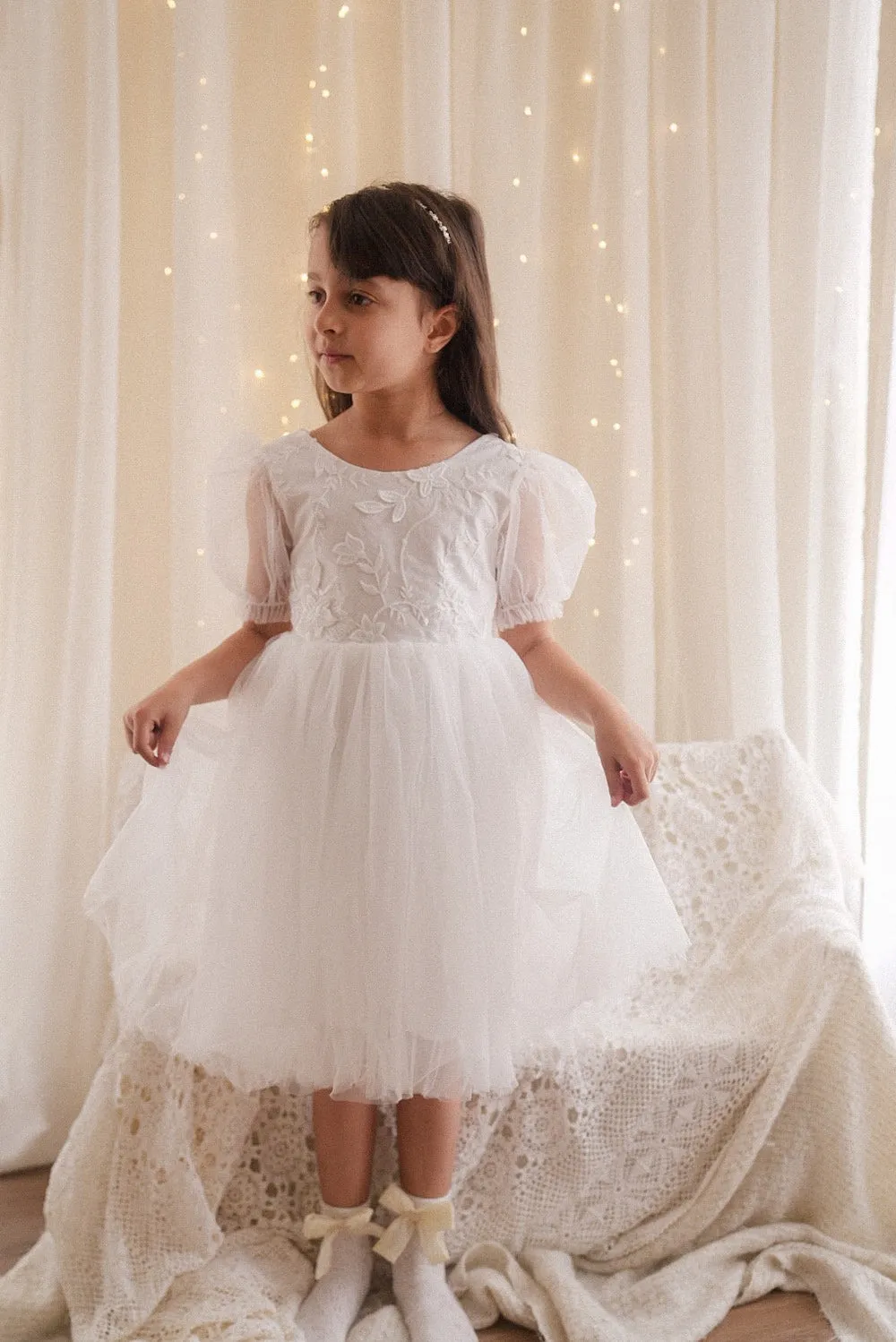 Gemma Puff Sleeve White Flower Girl Dress