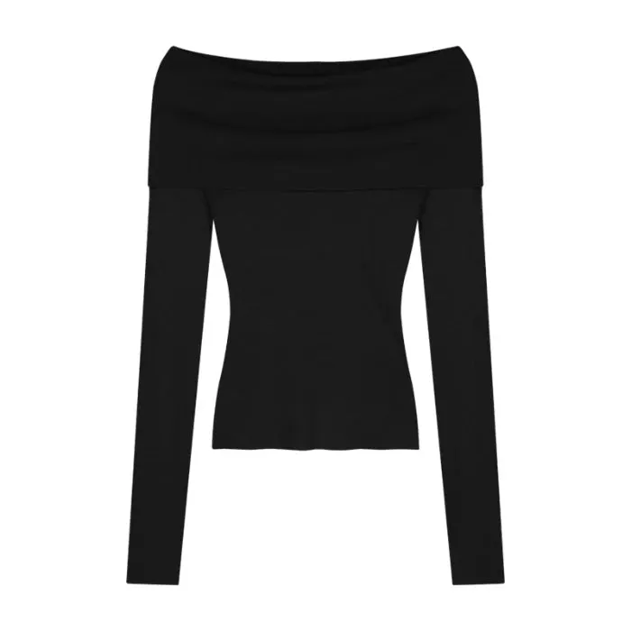 Getadme Black Solid Off Shoulder Elegant Long Sleeve Tops Korean Fashion Slim Sexy Cropped T Shirt Women Autumn Y2k Clothing Skinny Top