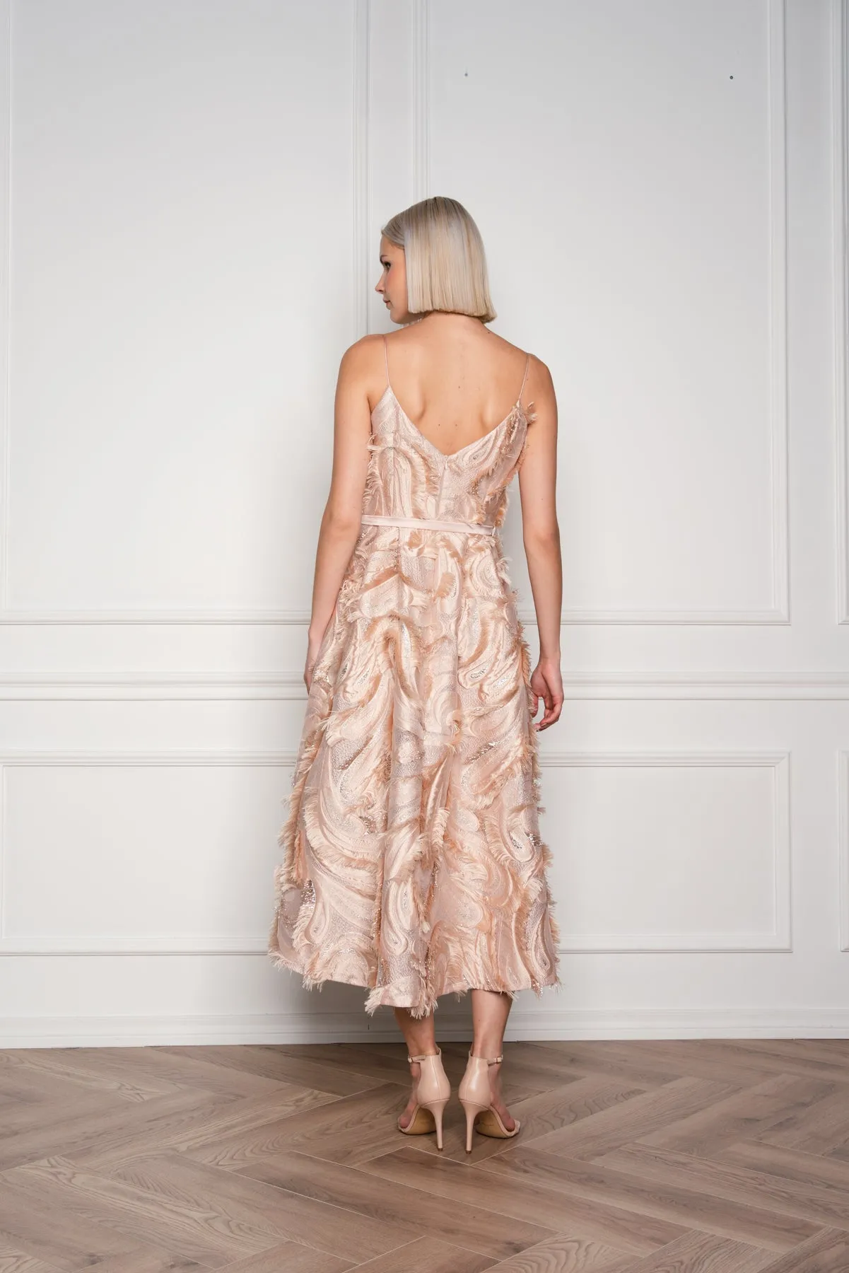 GLORIOSA BEIGE SILK BLEND SPAGHETTI STRAP COCKTAIL DRESS
