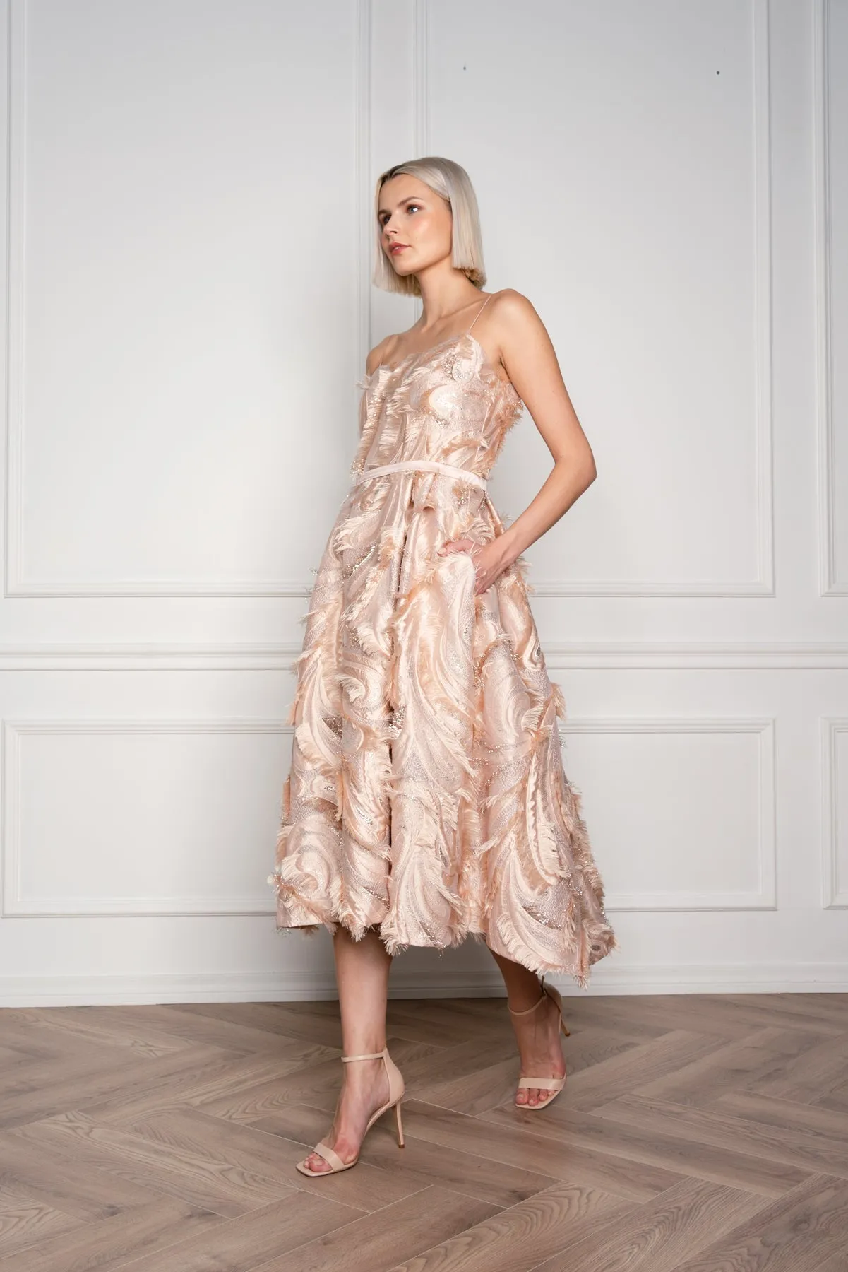 GLORIOSA BEIGE SILK BLEND SPAGHETTI STRAP COCKTAIL DRESS