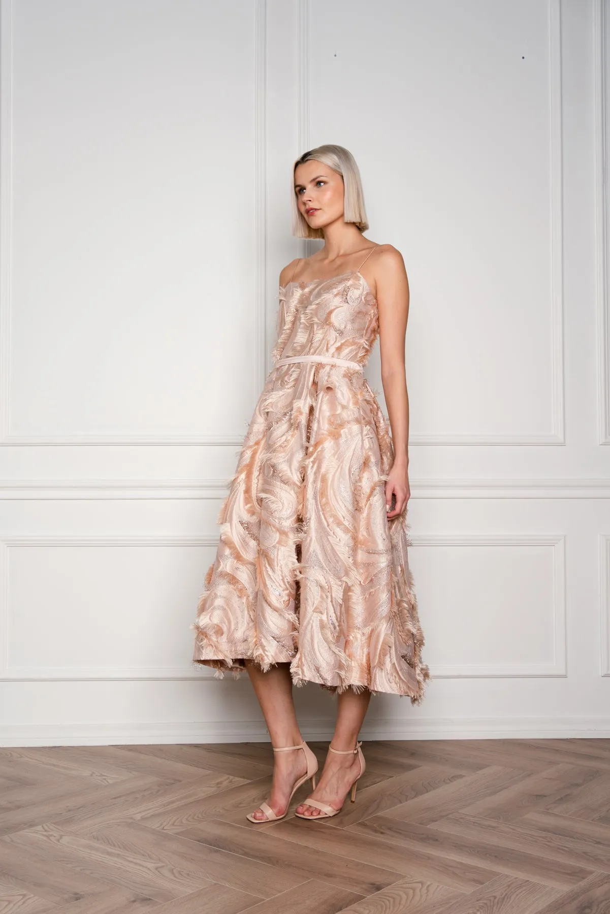 GLORIOSA BEIGE SILK BLEND SPAGHETTI STRAP COCKTAIL DRESS
