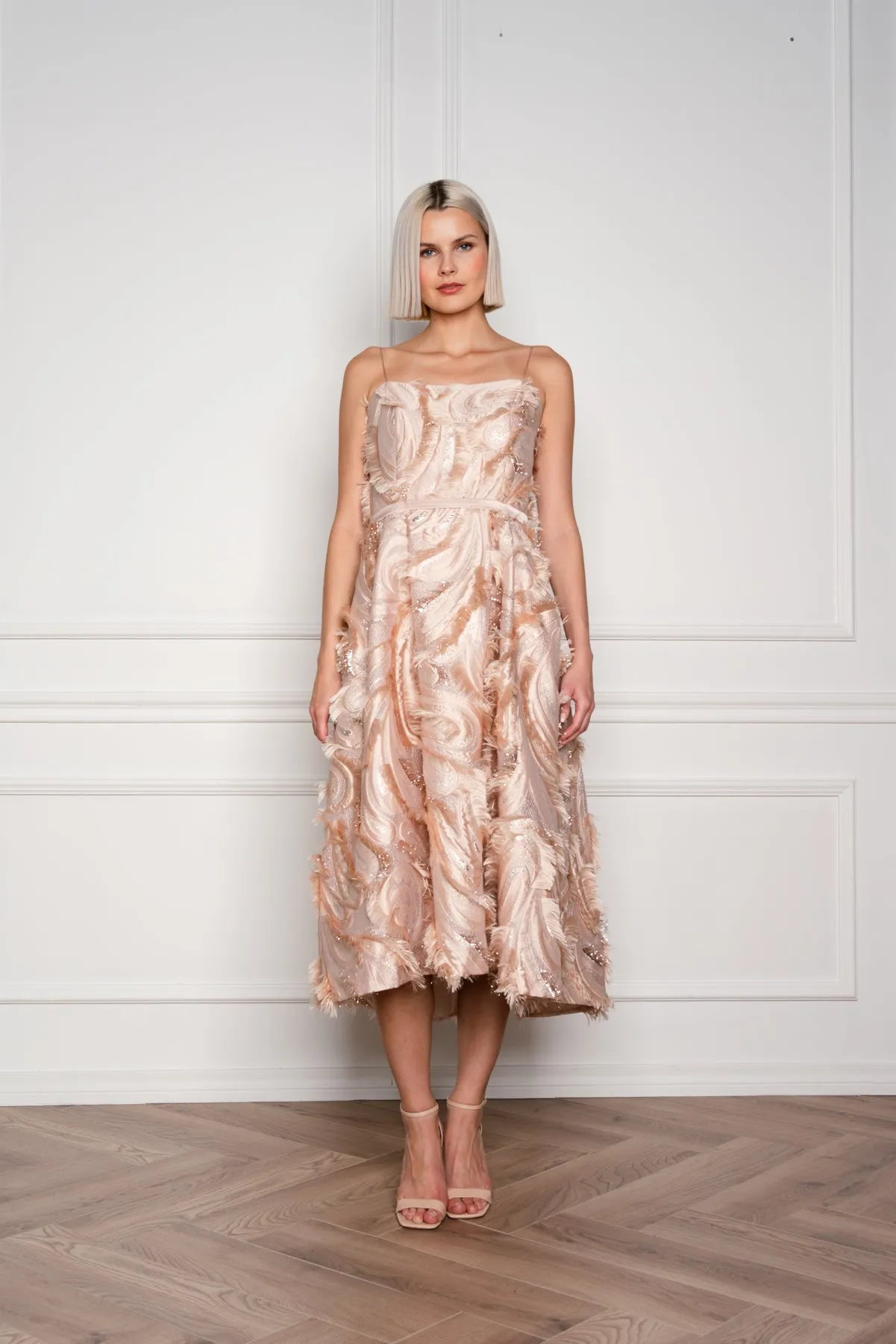 GLORIOSA BEIGE SILK BLEND SPAGHETTI STRAP COCKTAIL DRESS