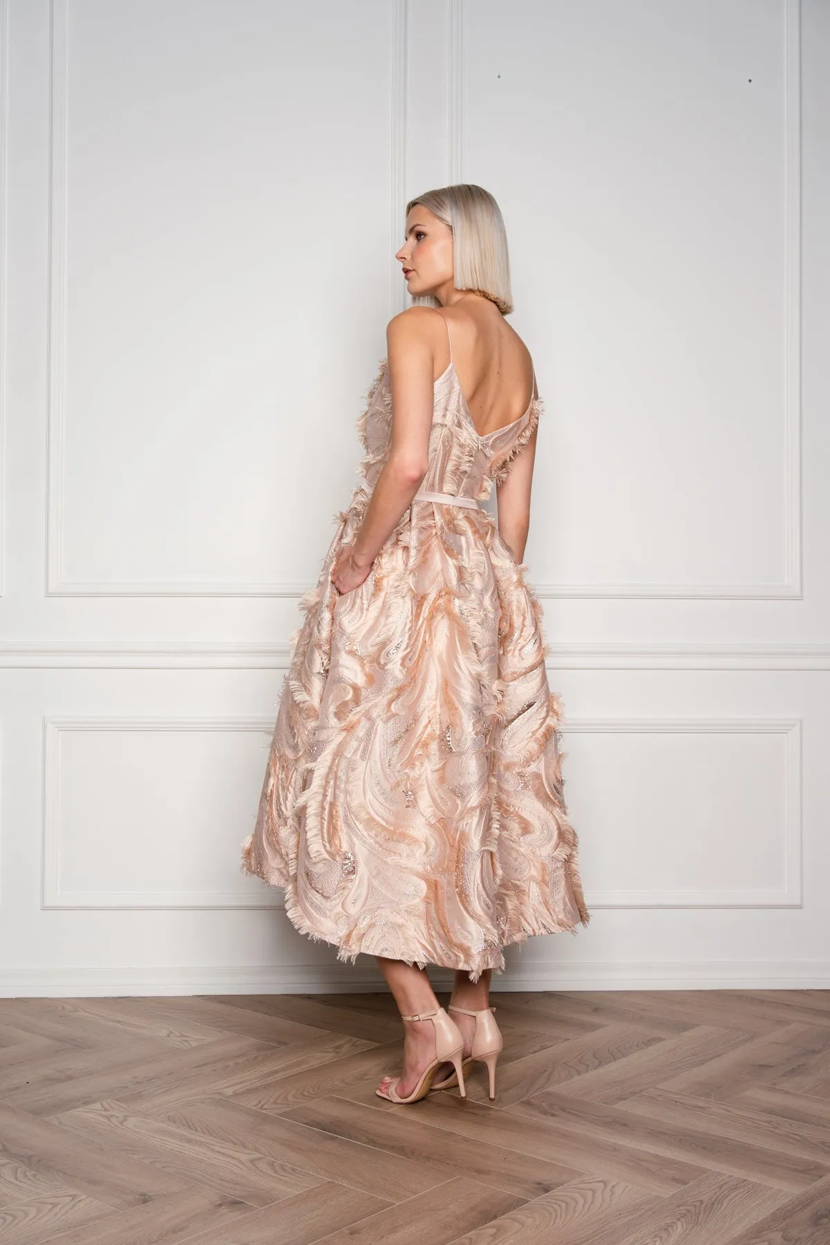 GLORIOSA BEIGE SILK BLEND SPAGHETTI STRAP COCKTAIL DRESS