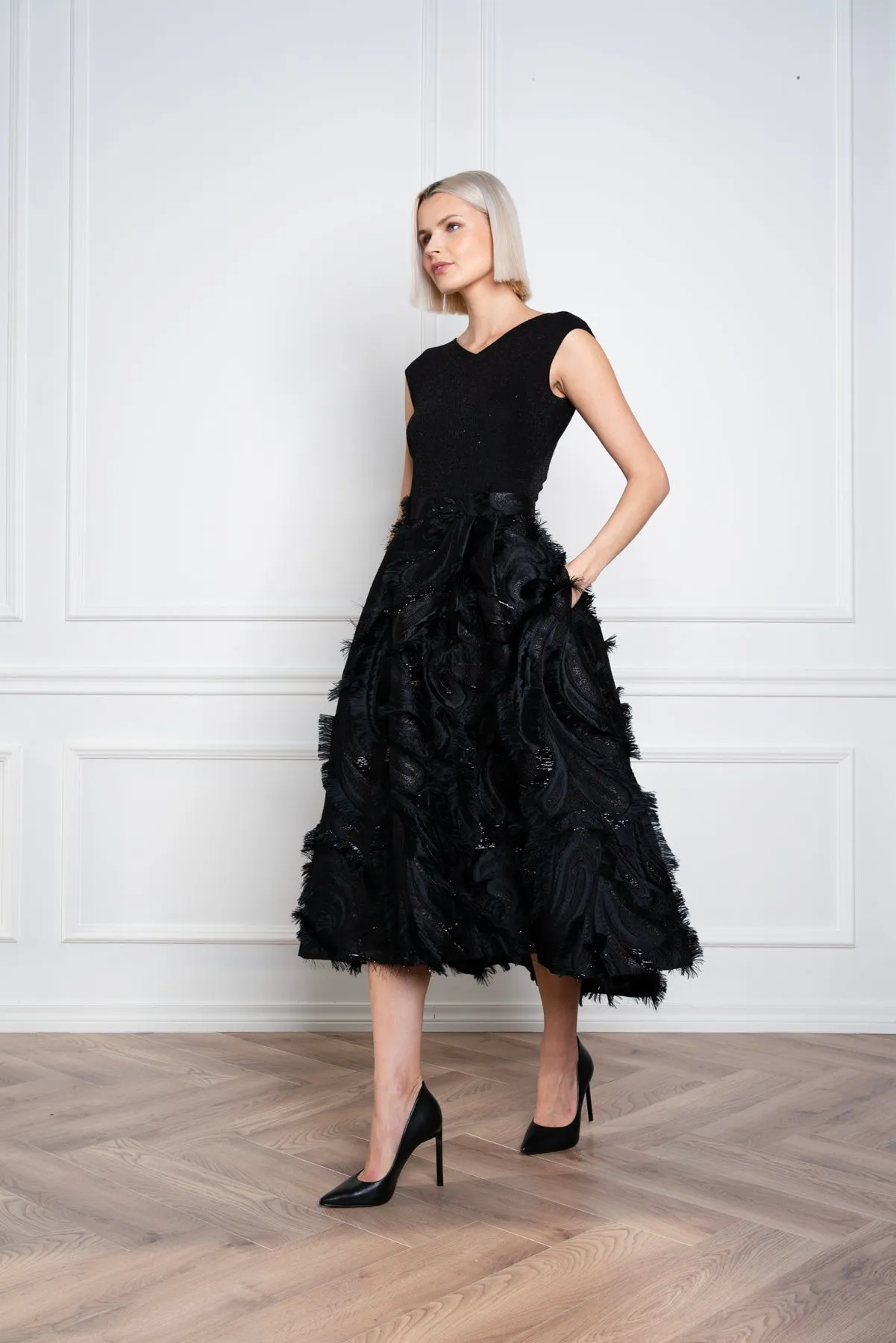 GLORIOSA BLACK SILK BLEND MIDI SKIRT
