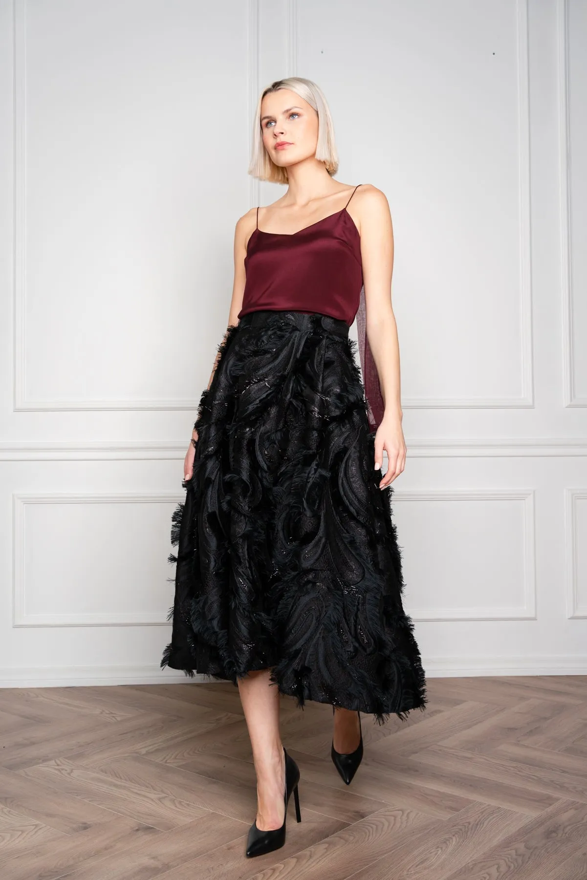 GLORIOSA BLACK SILK BLEND MIDI SKIRT