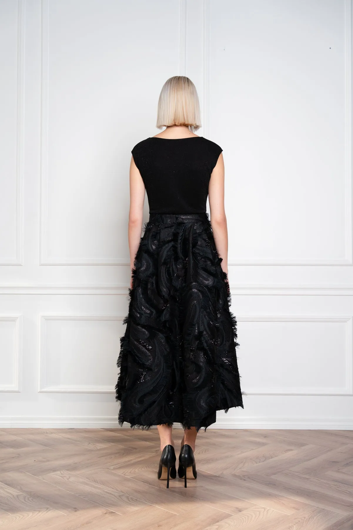 GLORIOSA BLACK SILK BLEND MIDI SKIRT