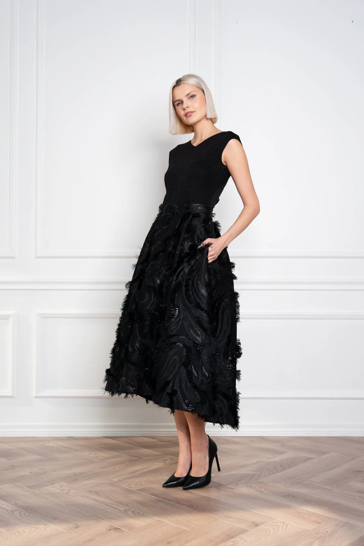 GLORIOSA BLACK SILK BLEND MIDI SKIRT