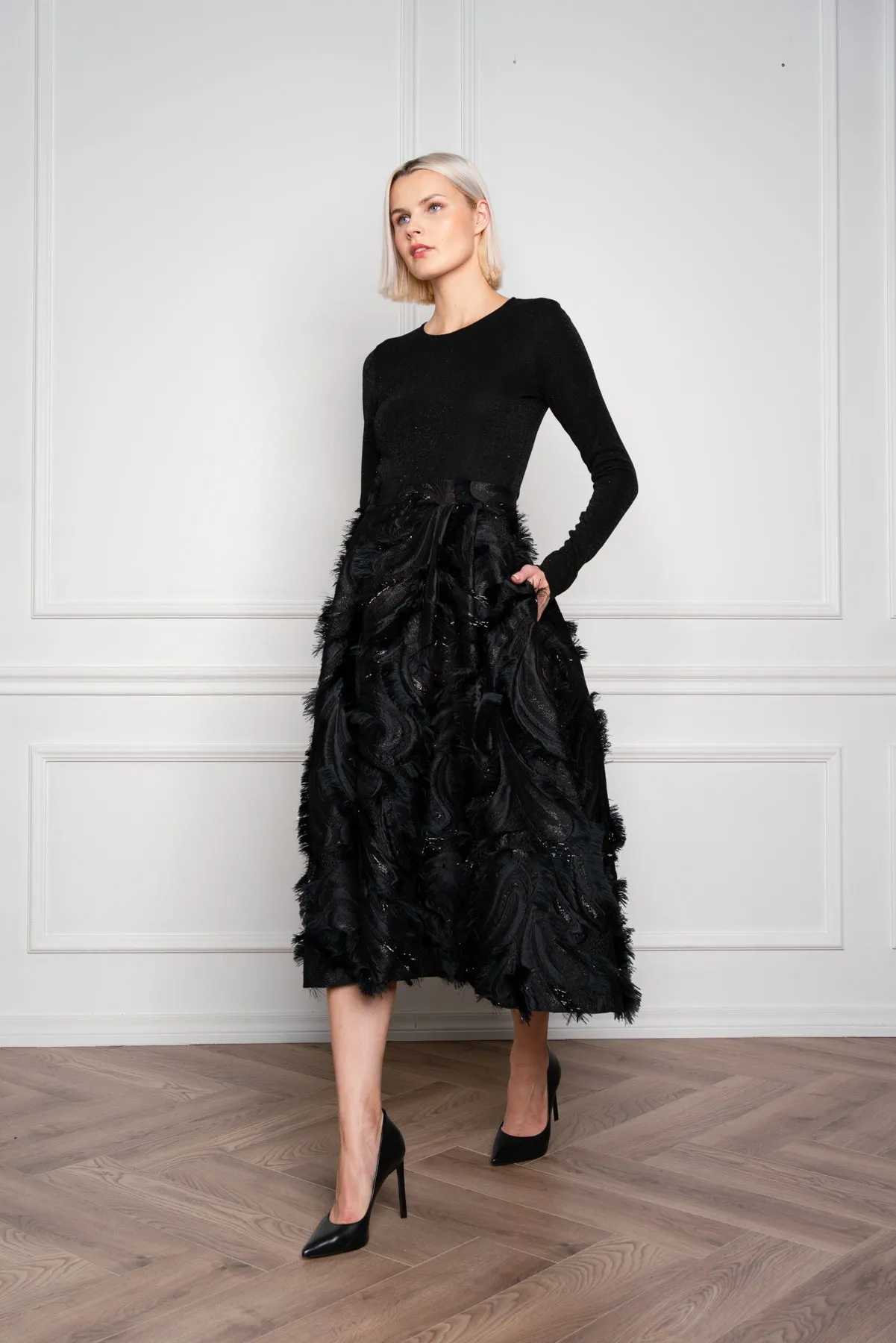 GLORIOSA BLACK SILK BLEND MIDI SKIRT