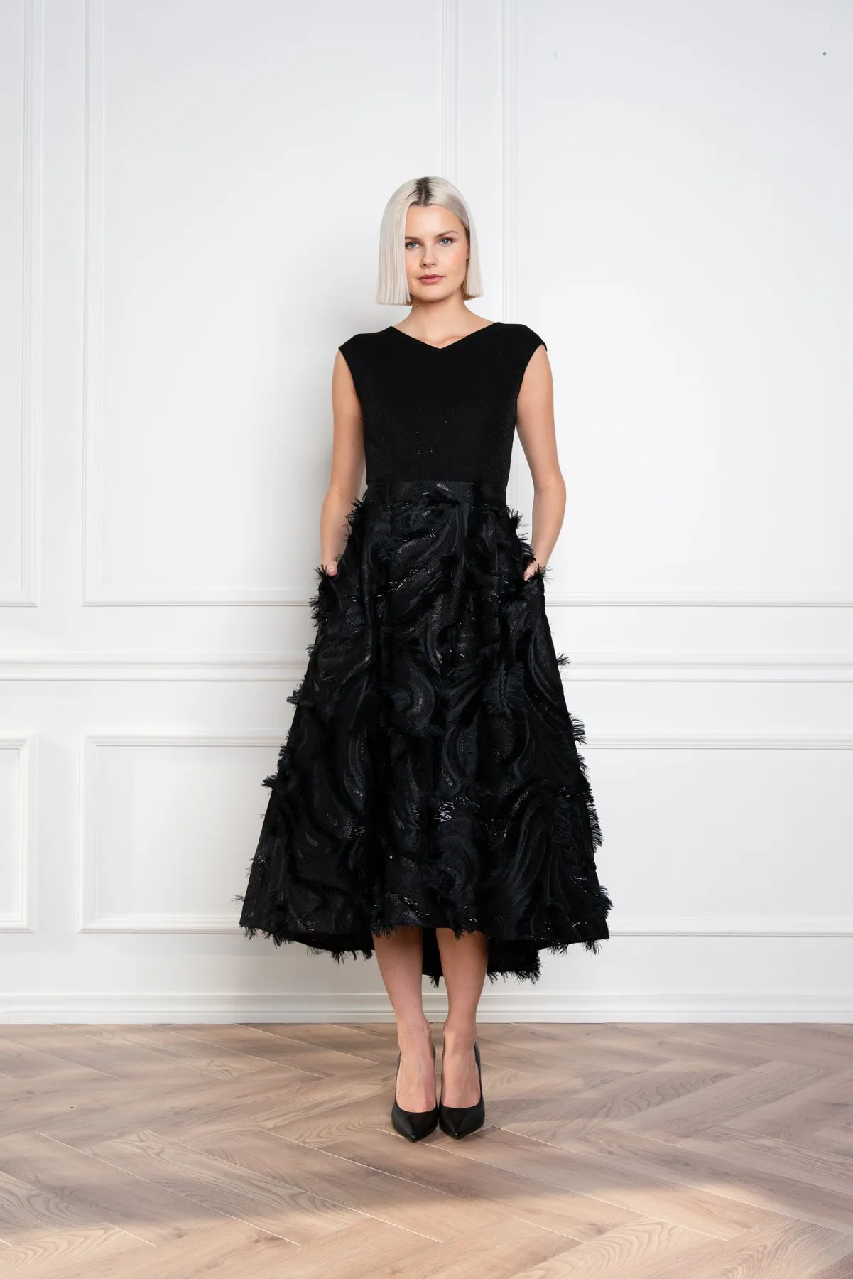 GLORIOSA BLACK SILK BLEND MIDI SKIRT