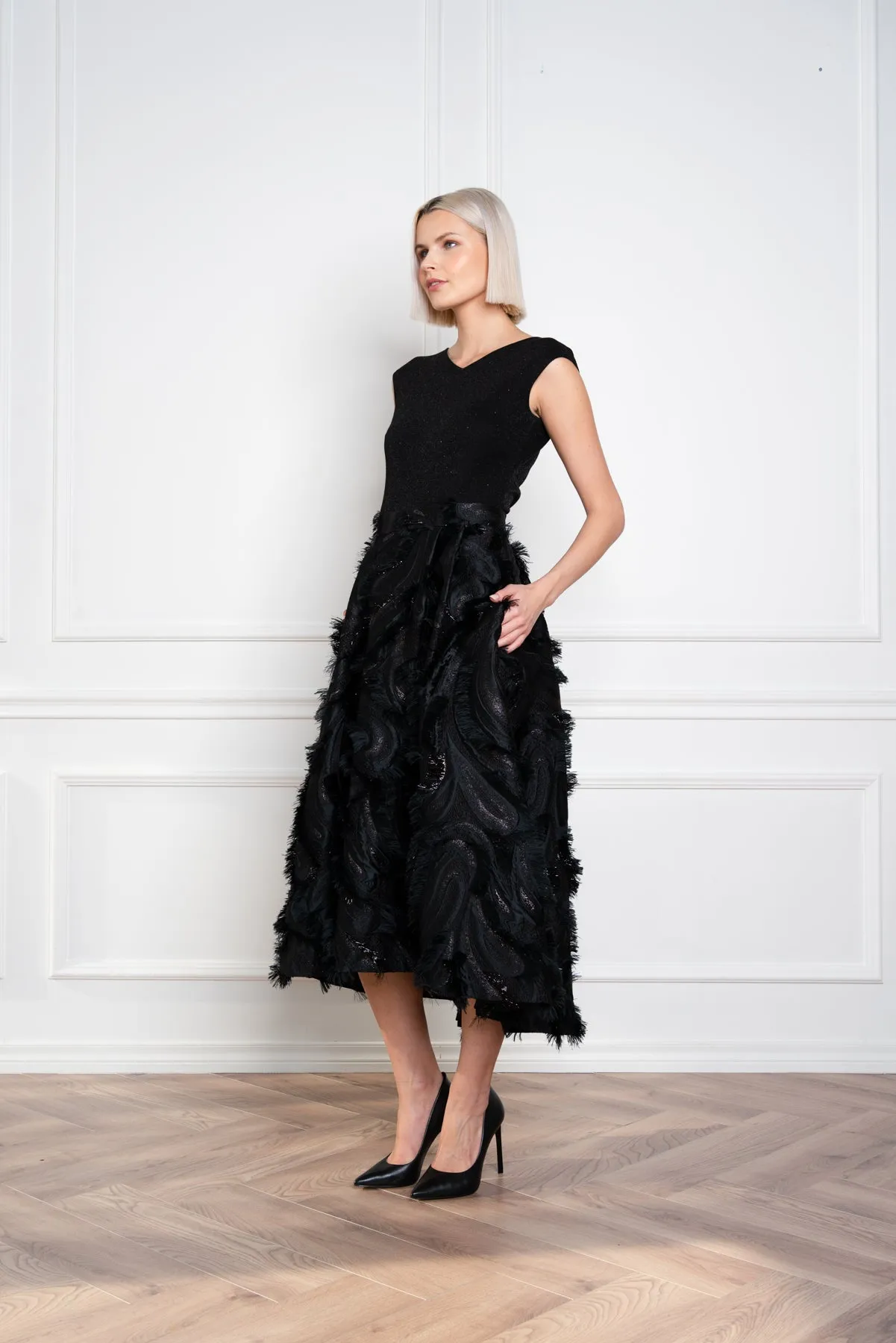 GLORIOSA BLACK SILK BLEND MIDI SKIRT