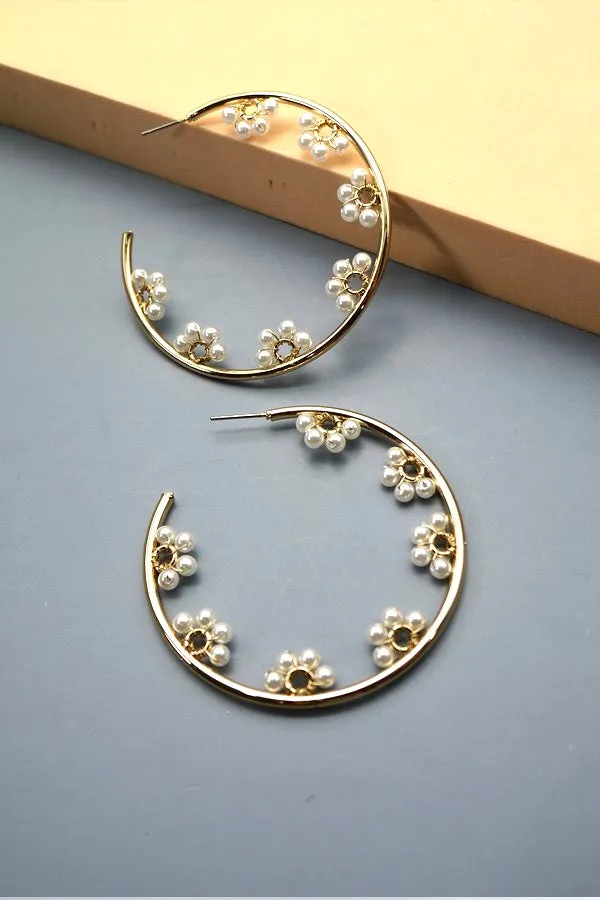 Pearl Flower Gold Hoop Earrings