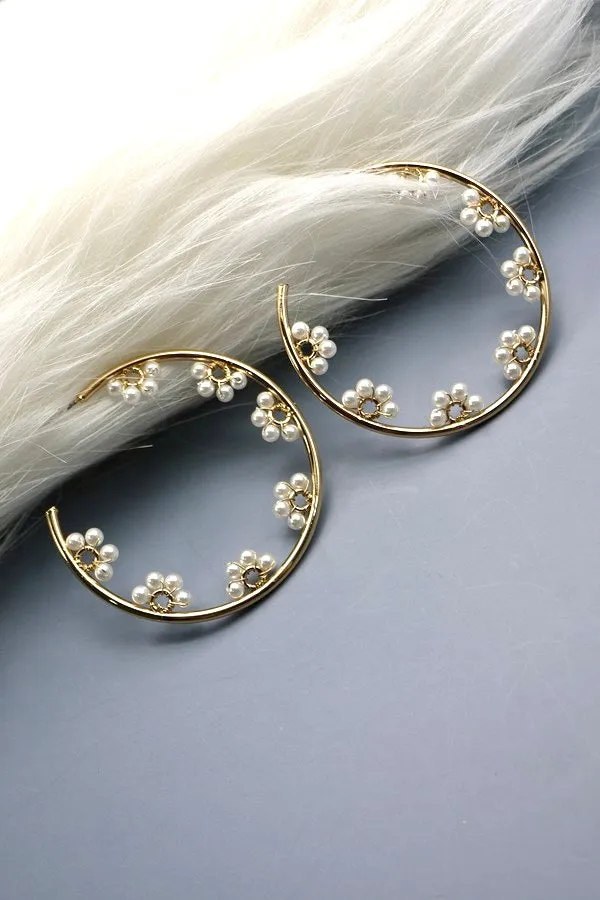Pearl Flower Gold Hoop Earrings